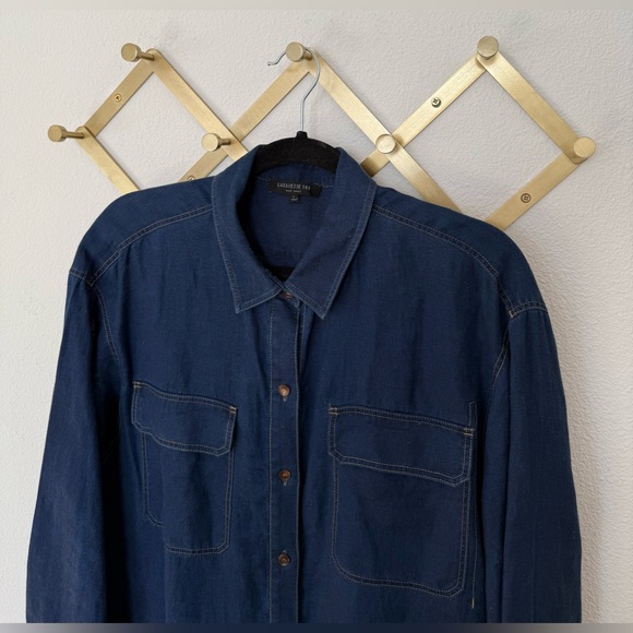 LAFAYETTE 148 Everson Long Sleeve Button Front Blouse in Linen Chambray Denim - Picture 3 of 5